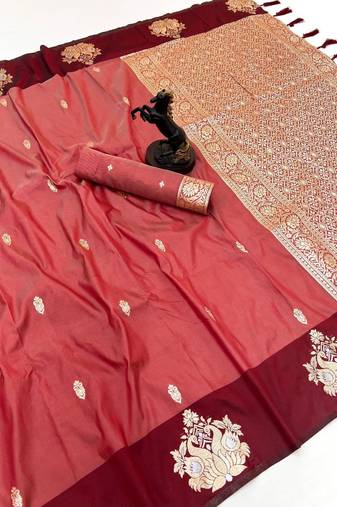 Orange soft silk saree with zari weaving & rajhans motifs