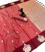Orange soft silk saree with zari weaving & rajhans motifs