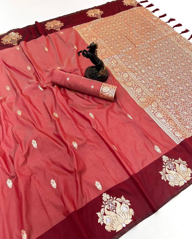 Orange soft silk saree with zari weaving & rajhans motifs