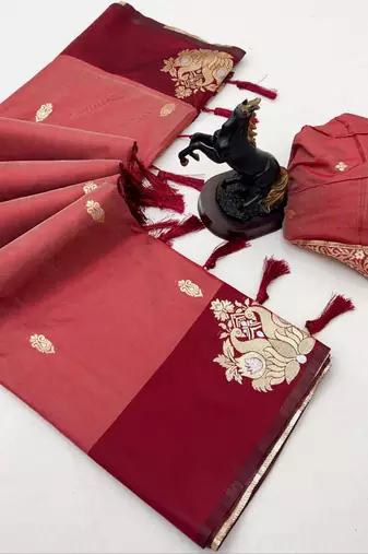 Orange soft silk saree with zari weaving & rajhans motifs
