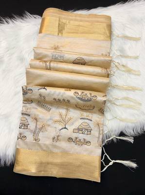 Cream tussar silk saree with kalamkari design & embroidery work 2