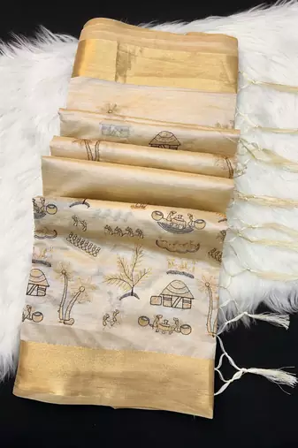 Cream tussar silk saree with kalamkari design & embroidery work