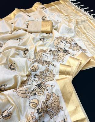Cream tussar silk saree with kalamkari design & embroidery work 1