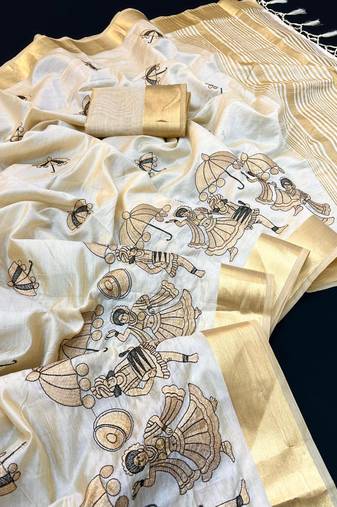 Cream tussar silk saree with kalamkari design & embroidery work