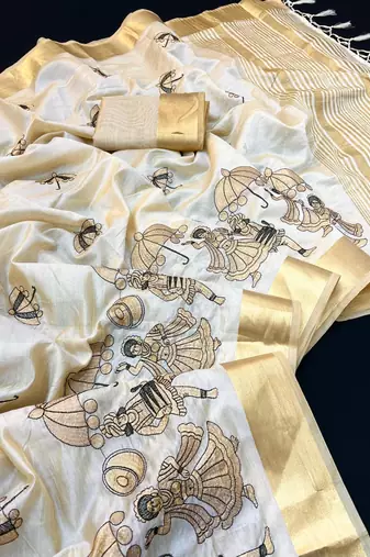 Cream tussar silk saree with kalamkari design & embroidery work