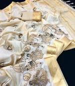 Cream tussar silk saree with kalamkari design & embroidery work