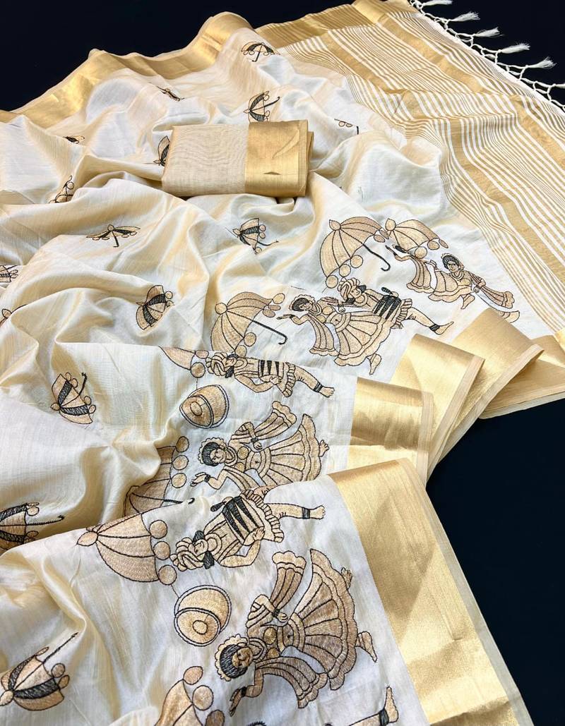 Cream tussar silk saree with kalamkari design & embroidery work