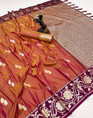 Orange premium soft silk saree with zari weaving & floral border 1