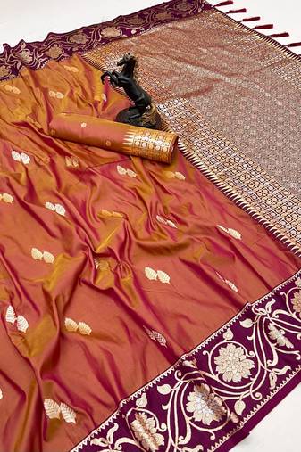 Orange premium soft silk saree with zari weaving & floral border