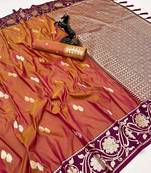 Orange premium soft silk saree with zari weaving & floral border
