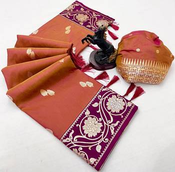 Orange premium soft silk saree with zari weaving & floral border 2