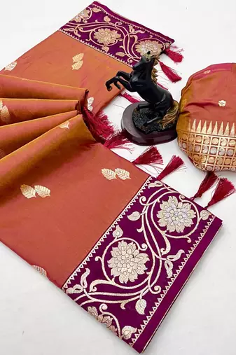 Orange premium soft silk saree with zari weaving & floral border