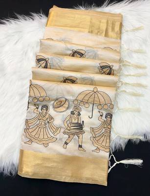 Cream tussar silk saree with kalamkari design & embroidery work 2