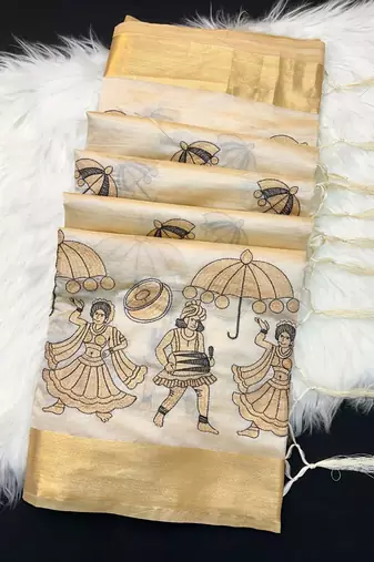 Cream tussar silk saree with kalamkari design & embroidery work