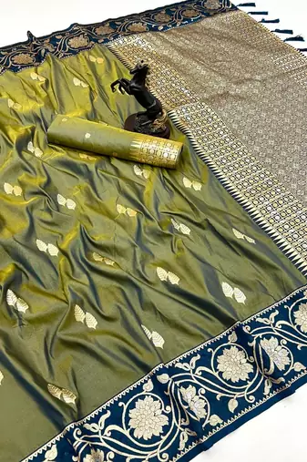 Green premium soft silk saree with zari weaving & floral border