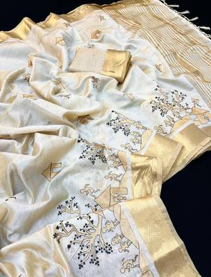 Cream tussar silk saree with kalamkari design & embroidery work 1