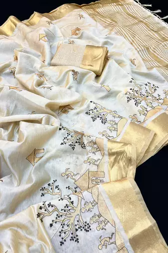 Cream tussar silk saree with kalamkari design & embroidery work