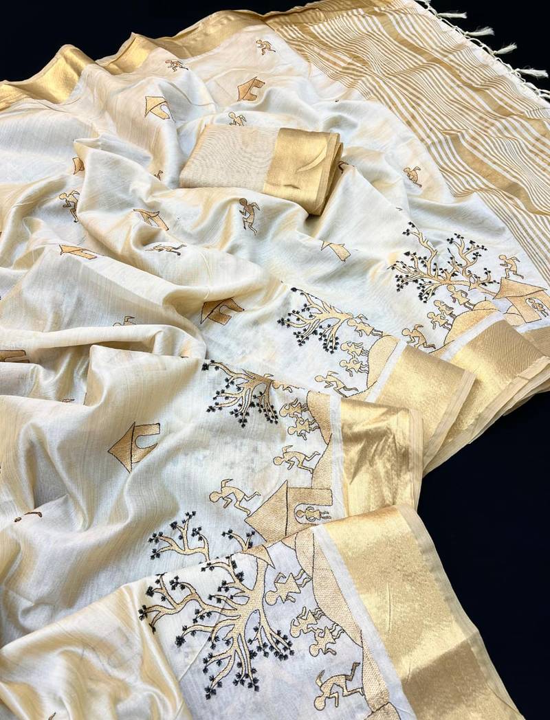 Cream tussar silk saree with kalamkari design & embroidery work