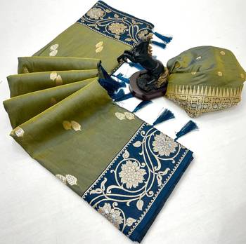 Green premium soft silk saree with zari weaving & floral border 2