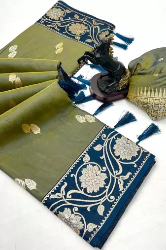 Green premium soft silk saree with zari weaving & floral border