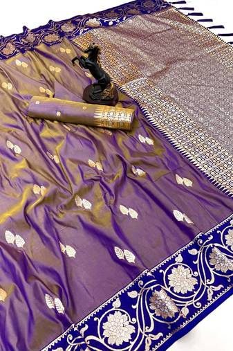 Purple premium soft silk saree with zari weaving & floral border