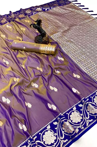 Purple premium soft silk saree with zari weaving & floral border