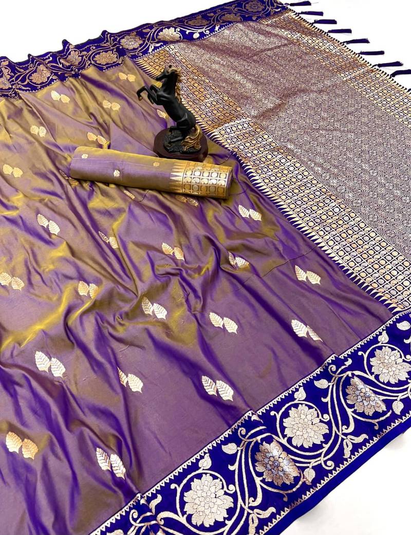 Purple premium soft silk saree with zari weaving & floral border