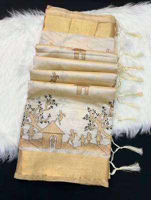 Cream tussar silk saree with kalamkari design & embroidery work 2