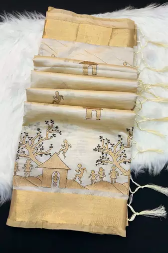 Cream tussar silk saree with kalamkari design & embroidery work