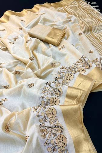 Cream tussar silk saree with kalamkari design & embroidery work