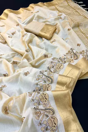 Cream tussar silk saree with kalamkari design & embroidery work