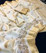 Cream tussar silk saree with kalamkari design & embroidery work