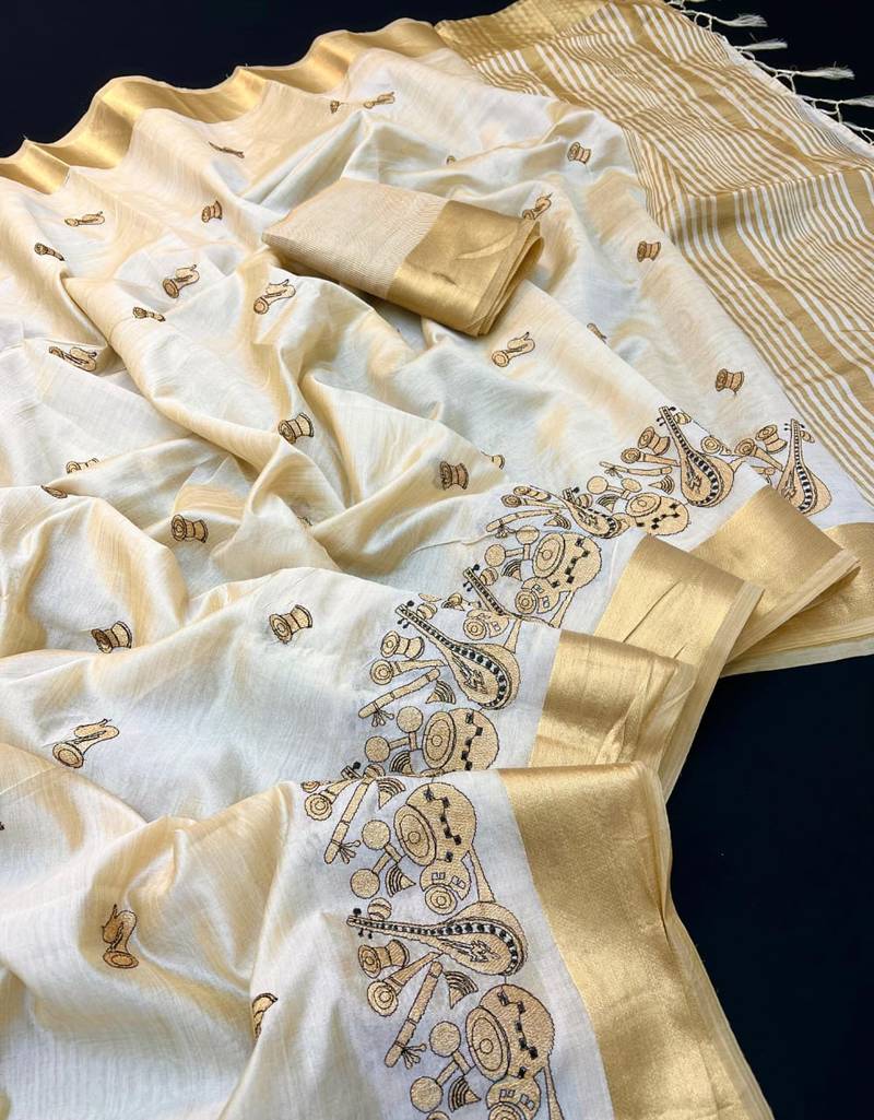 Cream tussar silk saree with kalamkari design & embroidery work