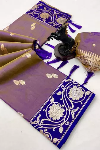 Purple premium soft silk saree with zari weaving & floral border
