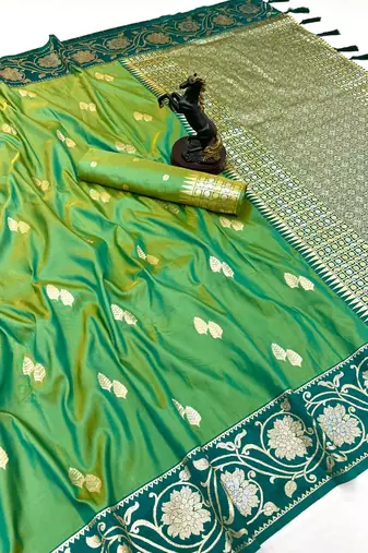 Parrot green premium soft silk saree with zari weaving & floral border