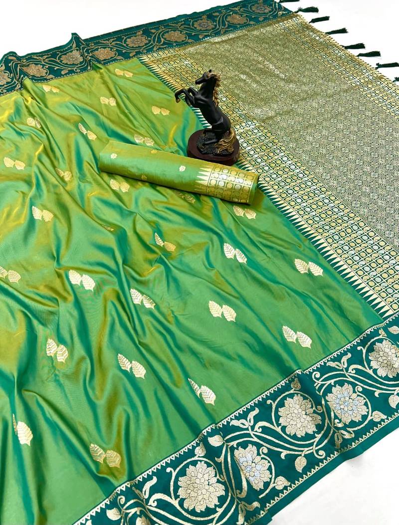 Parrot green premium soft silk saree with zari weaving & floral border