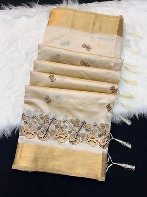 Cream tussar silk saree with kalamkari design & embroidery work 2
