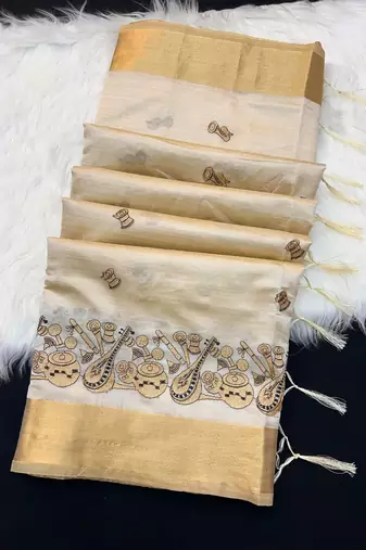 Cream tussar silk saree with kalamkari design & embroidery work