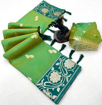 Parrot green premium soft silk saree with zari weaving & floral border 2