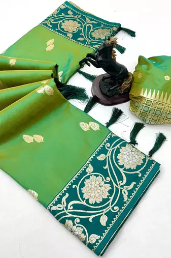 Parrot green premium soft silk saree with zari weaving & floral border