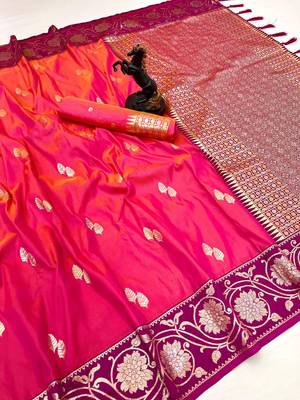 Pink premium soft silk saree with zari weaving & floral border 1