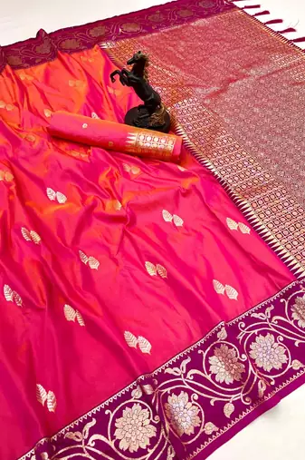 Pink premium soft silk saree with zari weaving & floral border