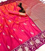 Pink premium soft silk saree with zari weaving & floral border