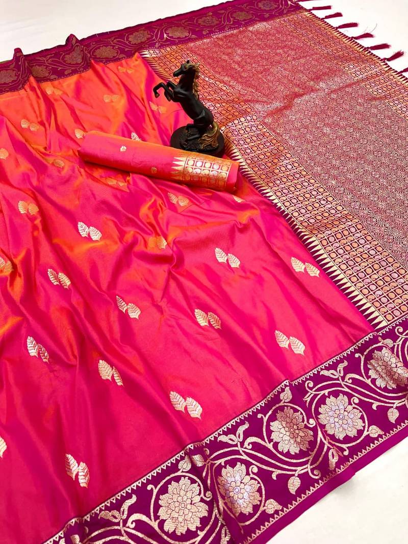 Pink premium soft silk saree with zari weaving & floral border