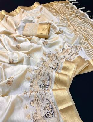 Cream tussar silk saree with kalamkari design & embroidery work 1