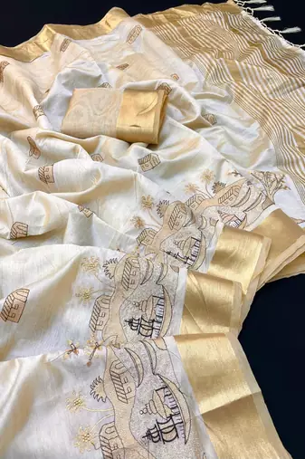 Cream tussar silk saree with kalamkari design & embroidery work