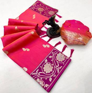 Pink premium soft silk saree with zari weaving & floral border 2