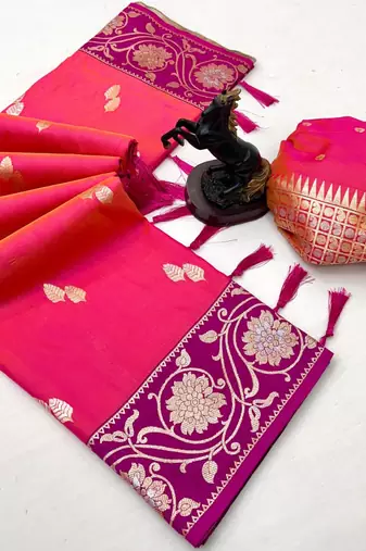Pink premium soft silk saree with zari weaving & floral border