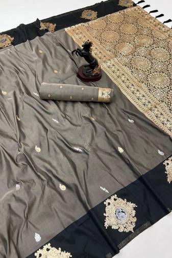 Dark grey soft silk saree with zari weaving & floral motifs