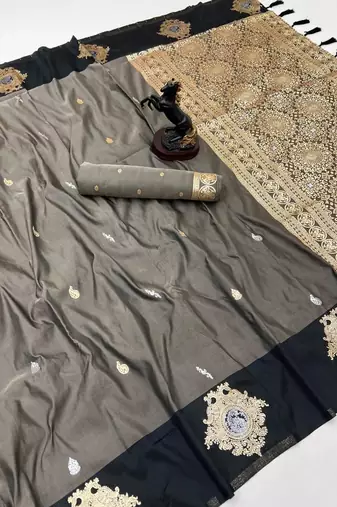 Dark grey soft silk saree with zari weaving & floral motifs